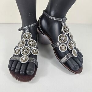 Celeste Womens ~7.5 Silver Metallic Jeweled Medallion Gladiator Sandals Flat